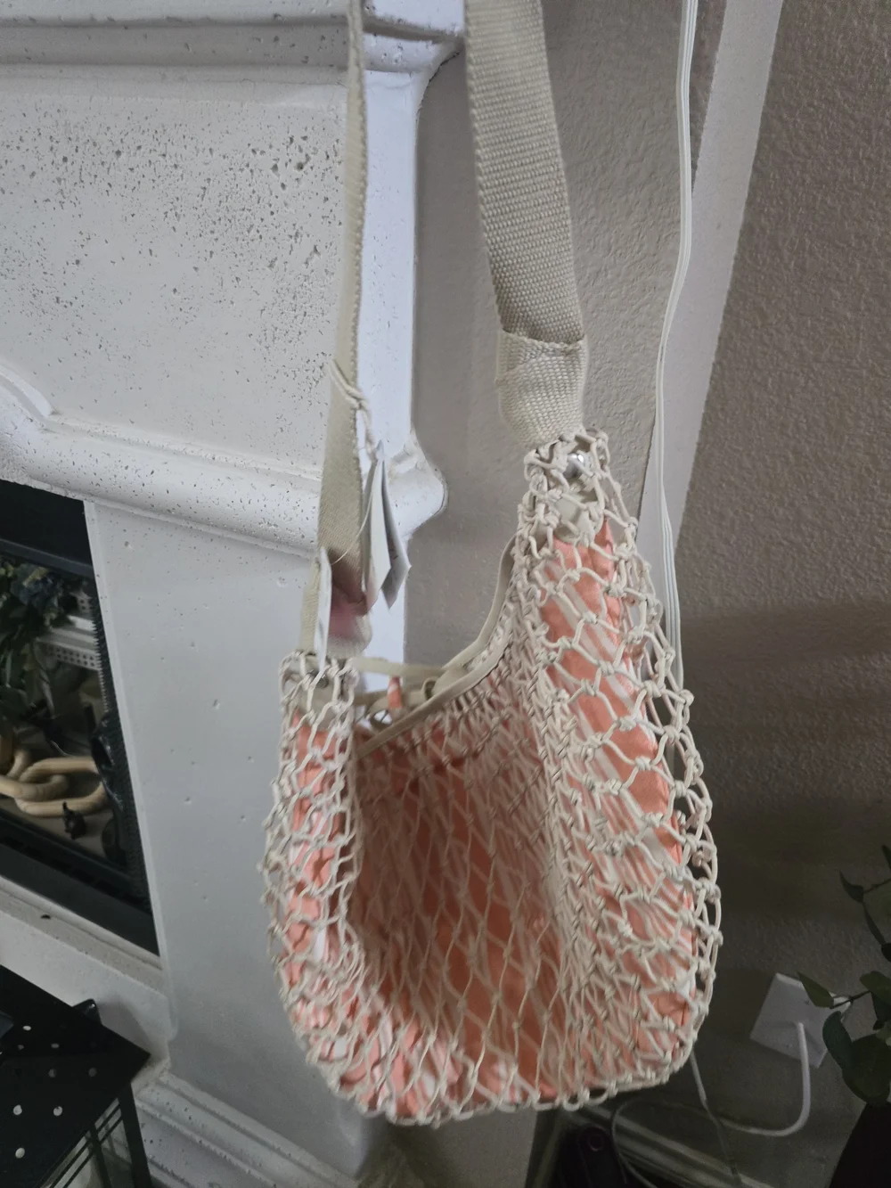 Free People Cream Net Knotted Hobo Shoulder Bag Drawstring Striped Orange Lining